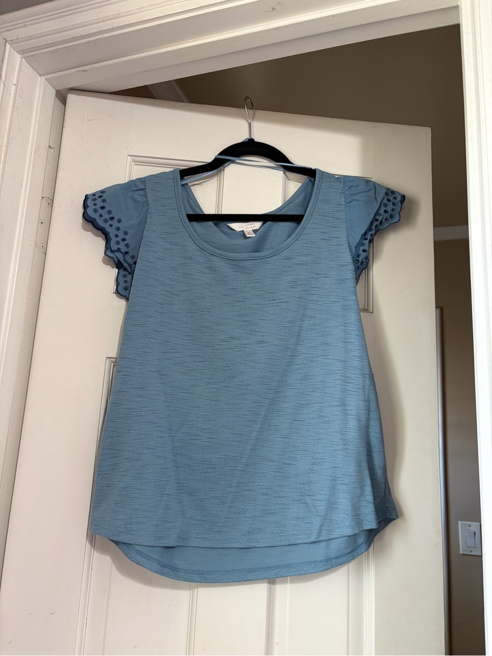 LC Lauren Conrad Blue Eyelet Flutter Sleeve Top